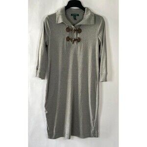 Lauren Ralph‎ Lauren Sz L Stretch Knit Collar Dress Wood Leather Toggle Preppy